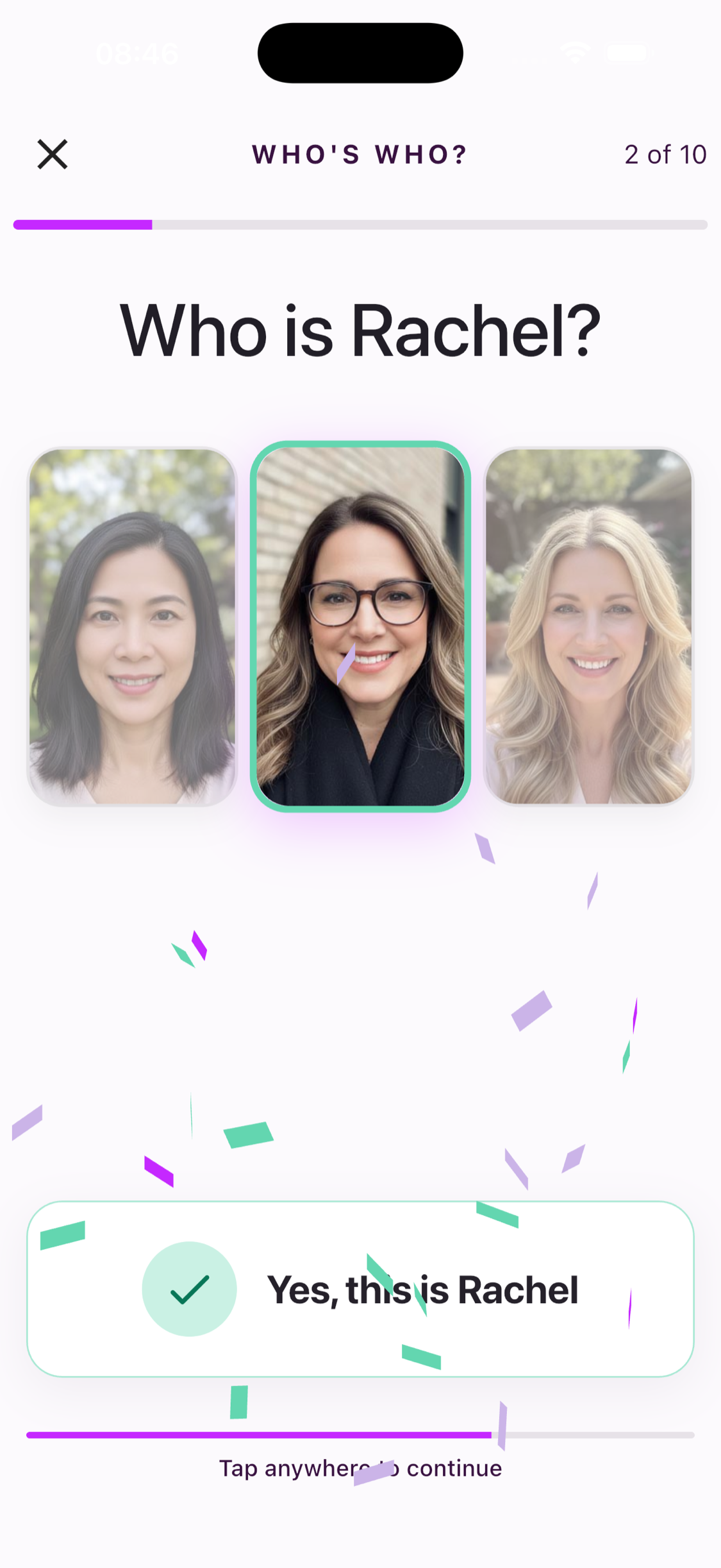 A correct Who's Who answer with a green outline and confetti